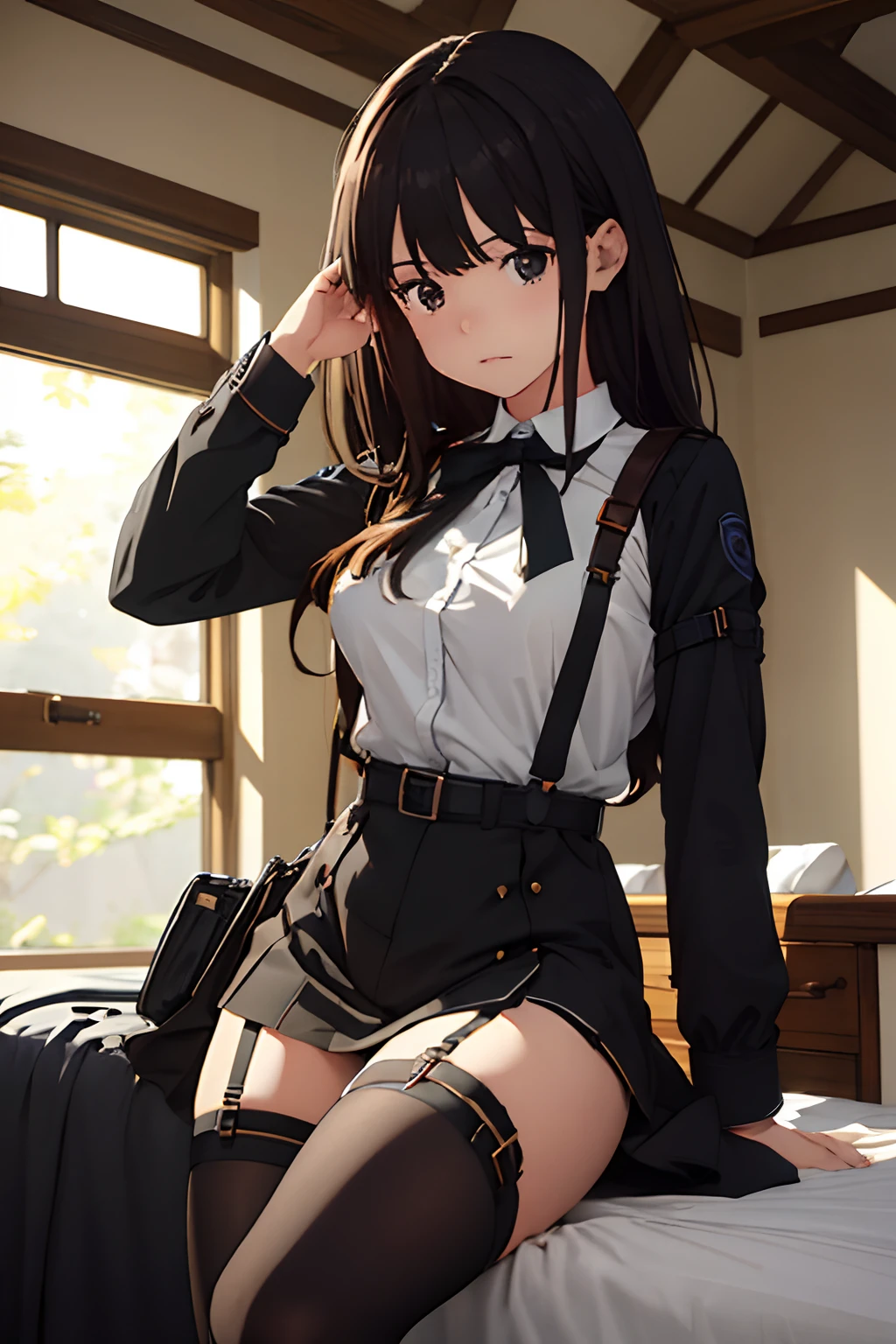 ​masterpiece、flat-colors、depth of fields、lens flare 1 girl、、Brown hair、watching at viewers　　　black suspenders　　　Bulging big breasts　　　 　 　　　walls: 　Black miniskirt　garters　　　　　　Gaze　　　Small face　bangss 　　　holster　　Belt Armament　Beautuful Women　srestrained　hands up　Lying in bed　Leg holster lying on the bed