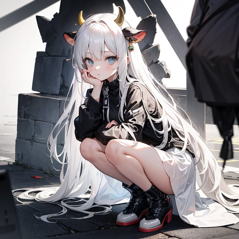 Crouching white hair Long cut cow ears black-and-white