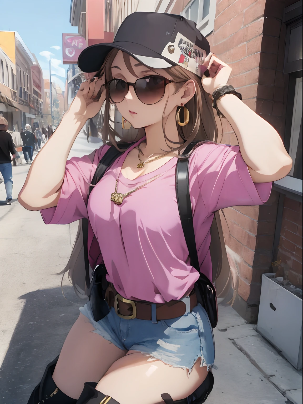 A busy downtown area with a lot of people,A long-sleeved T-shirt that is so short that you can see your lower breasts,Shorts and knee-high socks,garterbelts,Long boots, light brown straight hair,Eyes are pink,He wears sunglasses and a hat with a brim,Shoulder Bag,Tapioca Drink,Slightly red cheeks,Ring earrings,Full of accessories such as necklaces and rings