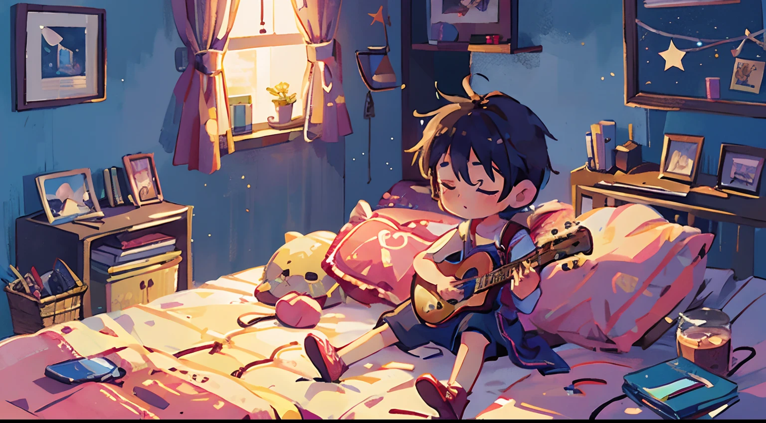 A boy playing guitar for a girl sleeping in a bed in a cozy room on a dark night with stars visible from the window