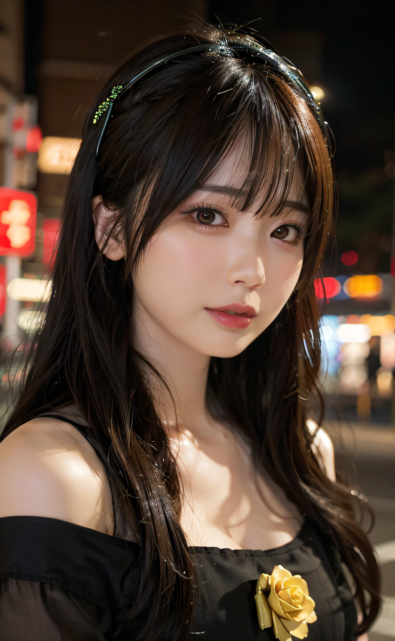 1girl, Tokyo street,night, cityscape,city lights, upper body,close-up, 8k, RAW photo, best quality, masterpiece,realistic, photo-realistic,headgear of red rose, parted bangs, long hair,