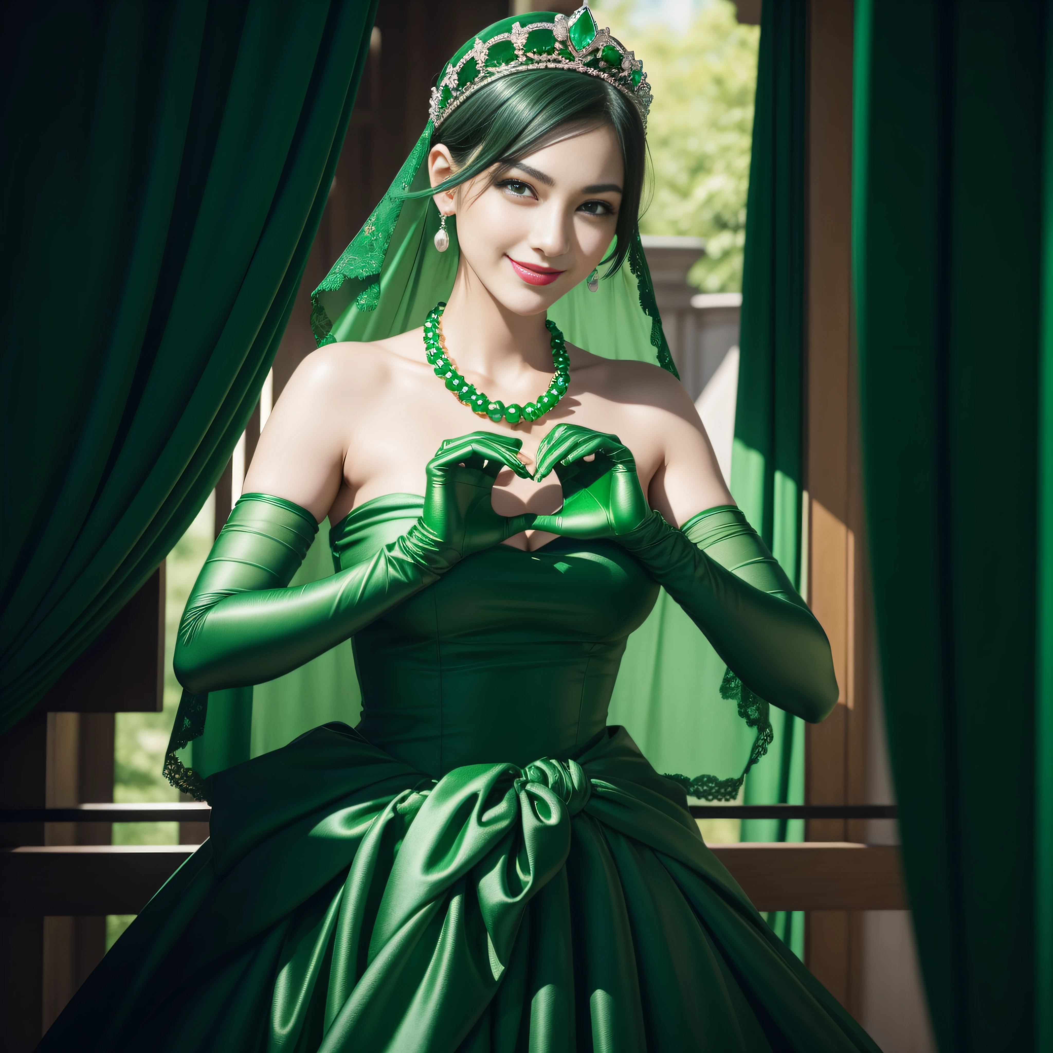 emerald tiara, Green Pearl Necklace, Boyish very short black hair, lipsticks, Japan woman smiling, very short short hair,  big breasts beautiful, Green eyes, Long green gloves made of satin material, Green eyes, Emerald Earrings, green vale, Heart with both hands