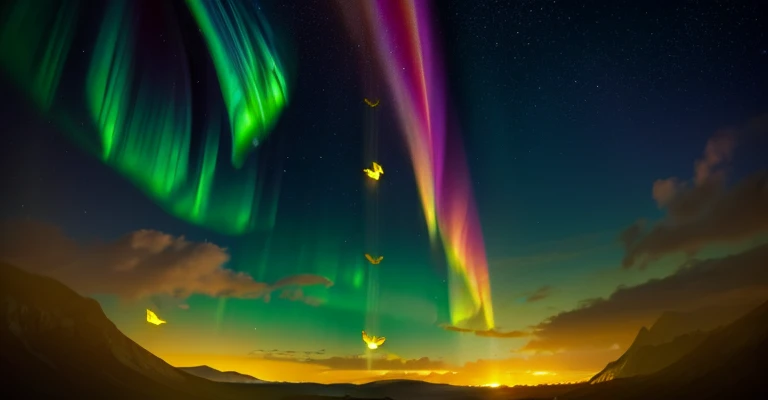 aurora, landscape, 4 yellow butterflies,