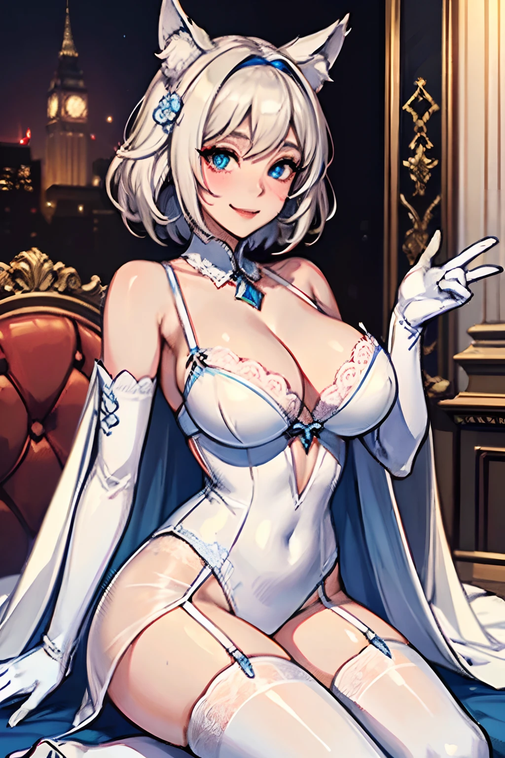 masutepiece The highest image quality Super vivid One lady((Adults)) White Long Gloves((blanche)(gloves)) white stockings((blanche)(Stockings)) an lingerie(weddingdress) A sexy cheek(rot) A smile The hair(hair(short-hair)(Wave) Wolf ears Eye color is blue