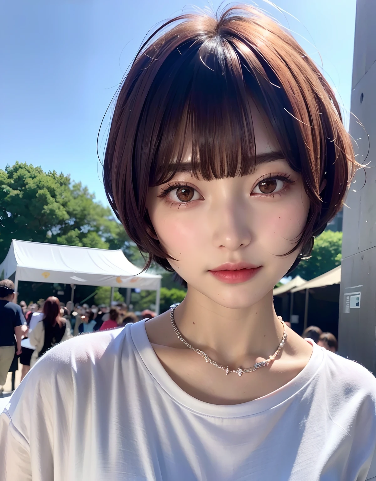 ((top-quality))、(masuter piece:1.4)、Raw photography、8K、((Top image quality))、 ((hight resolution))、Beautiful face in every detail、Realistic human skin、Gentle expression、(One lady:1.3 )、realisitic、Photorealsitic、(extra very short hair:1.4)、(Beautuful Women)、extra very short hair、(Cute Japan Girls)、((Pretty Woman))、(Beautiful hair)、(dark brown hair)、(((Red cheeks)))、((big eye))、20-year-old beauty、(Smaller face:1.5)、Smaller head、((long neck))、pale skin、Spot-free skin、With bangs、Everyone longs for、Beautiful female model in Japan、eight heads high、(a necklace)、((music festival))、blue-sky、Looking at the camera、singers、Everyone admires her、(There are celebrities)、Beautiful singers from Japan、wristbands、(Concert T-shirt)、The center of attention of the crowd、