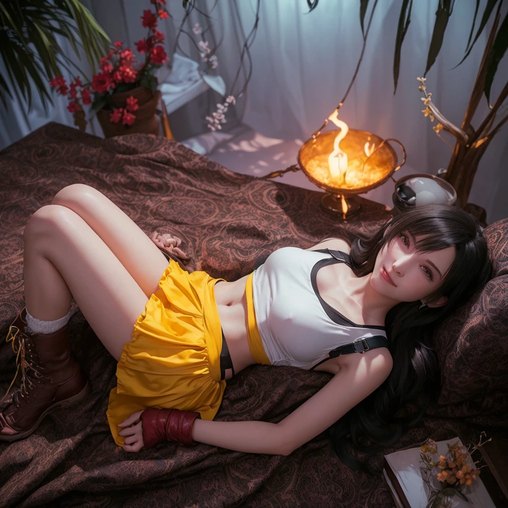 (best quality, ultra-detalhado, Realistic:1.37), Tifa Lockhart, rosto delicado, Rosto detalhado, Sweet smile expression, Corpo Perfeito, textura ultra realista, Retratos, vivid colors, soft lighting