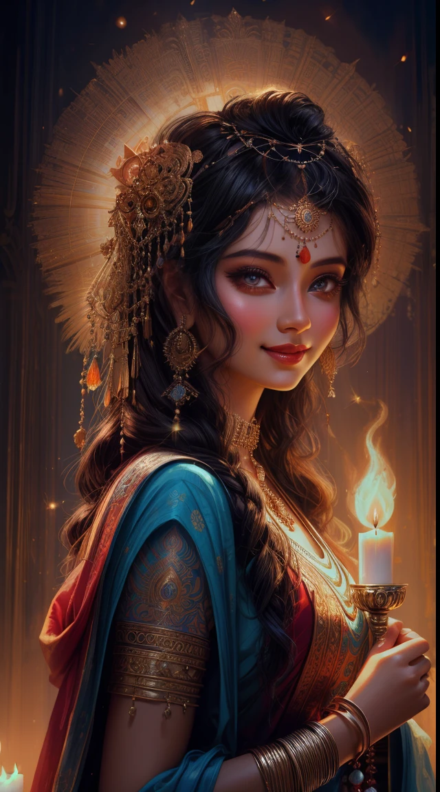 a close up of a woman holding a lit candle in her hands, hindu aesthetic, beautiful digital artwork, indian goddess, beautiful digital illustration, stunning digital illustration, beautiful avatar pictures, gorgeous digital painting, beautiful goddess, beautiful character painting, beautiful digital painting, artgerm and atey ghailan, beautiful lit, by Max Dauthendey, glowing flowing hair,  wearing a blue cloth, big smile on her face