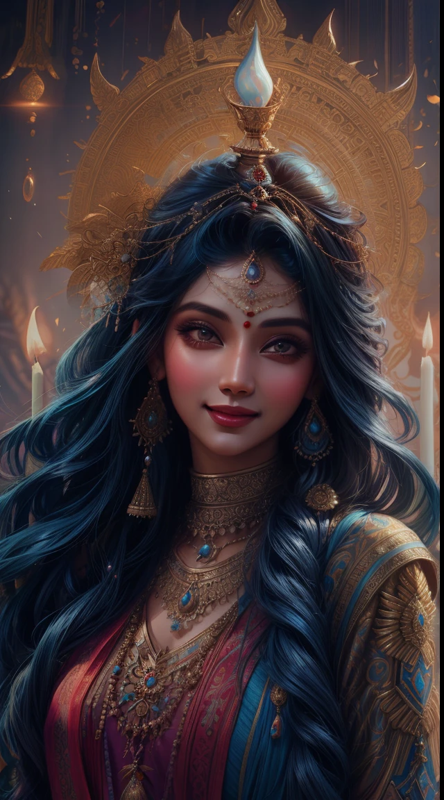 a close up of a woman holding a lit candle in her hands, hindu aesthetic, beautiful digital artwork, indian goddess, beautiful digital illustration, stunning digital illustration, beautiful avatar pictures, gorgeous digital painting, beautiful goddess, beautiful character painting, beautiful digital painting, artgerm and atey ghailan, beautiful lit, by Max Dauthendey, glowing flowing hair,  wearing a blue cloth, big smile on her face