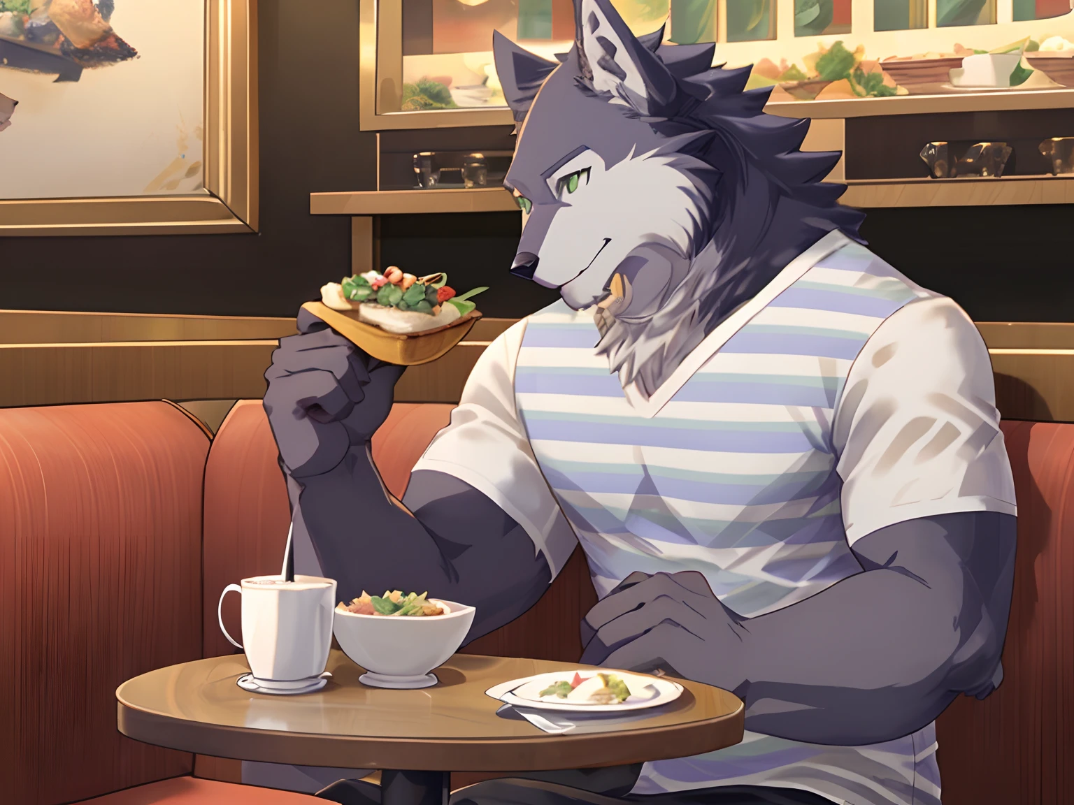 Best quality, Solo, Shoichi Urata, Furry Wolf, Dark Fur, Green eyes, Medium Muscular Body, Handsome, Good Looking, Charming, Casual shirt, Charming Pose, Fierce, Cool Pose, Happy, Joy Expression, Sitting in sofa, Table, Eating Afternoon, Restaurant Background.