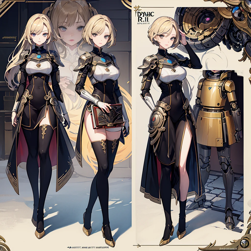 ((Masterpiece, Highest quality, Accurate, UHD)), 
((character design sheet: 1.2), (Line Art), (Detailed character sheet), (anime studio style)),
((Simple background), (sketch art:1.2)),
((multiple view:1.2), (full body:1.2), (detailed face), (3 different angles), (body parts), (full esbian body), (full of details), (multiple items), (multiple poses and expressions)),
((accurate anatomy, best anatomy hands, accurate eye, best anatomy eye)),             
(do not go beyond the edges of the image:1.65), (rating:safe), 
1 girl, medieval character
Guild Officer, she has long blond hair, Layered Haircut, Blue eyes, She wore a Simple Brown official outfit, she has a friendly smile. ((Brown stockings, geometric pattern Decoration))