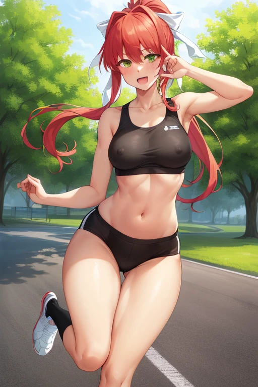 full body, full pose, 2d, ((reversed pose)) butt, firm ass, masterpiece, best quality, anime, highly detailed, cowboy shot, 1girl, solo, monika, green eyes, very long hair, ponytail, ((white sport bra), ((red sport short)), ((short black socks)), slim body, ((slim legs)), show thighs, nipples ((white ribbon)), ((running)), open mouth, park and trees background, armpits, smile, blushing, serious face, sport shoes, looking at viever. viev from up.