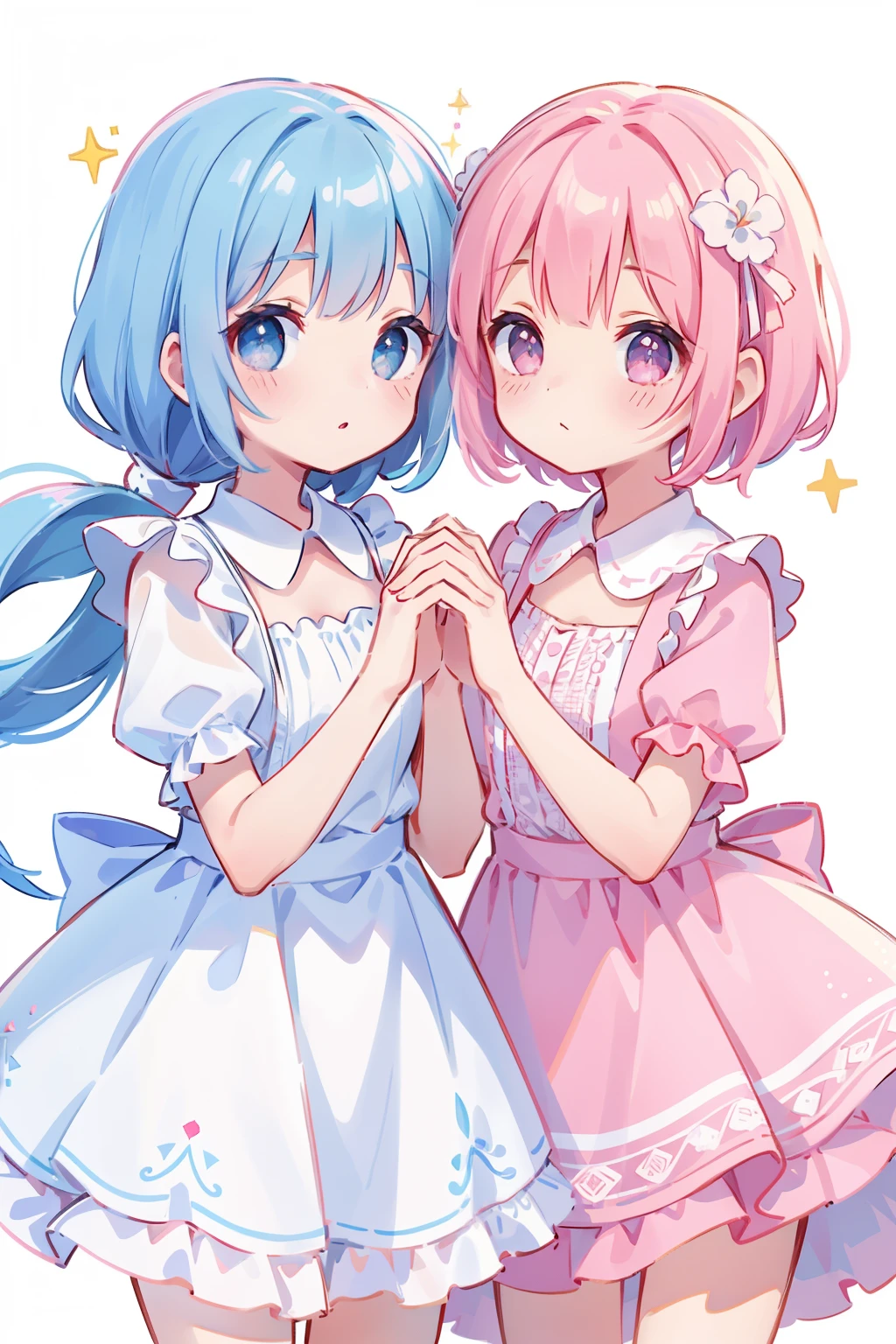 2 Girl, White background, Cute eyes, Sparkling skin, (masutepiece), (Best Quality),(Pink Dresses)(White Wampis)((Hands of the pieces))Delicat eyes、Delicate eyes(8K、masutepiece、Best Quality、)((2girls))