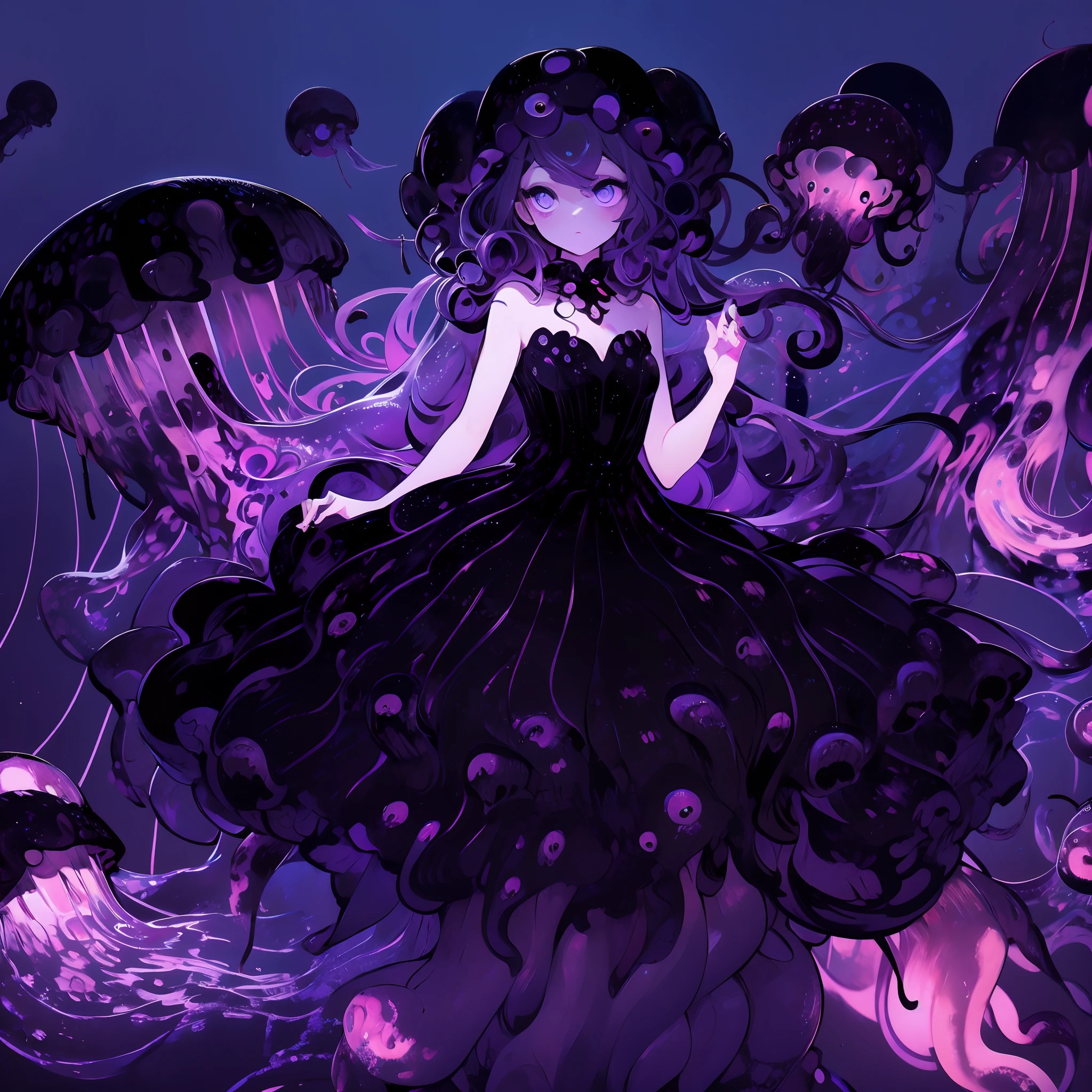 A girl wearing a jellyfish dress. A black jellyfish and a purple glow. Black tentacles lined with purple luminescent bodies. Deep sea.