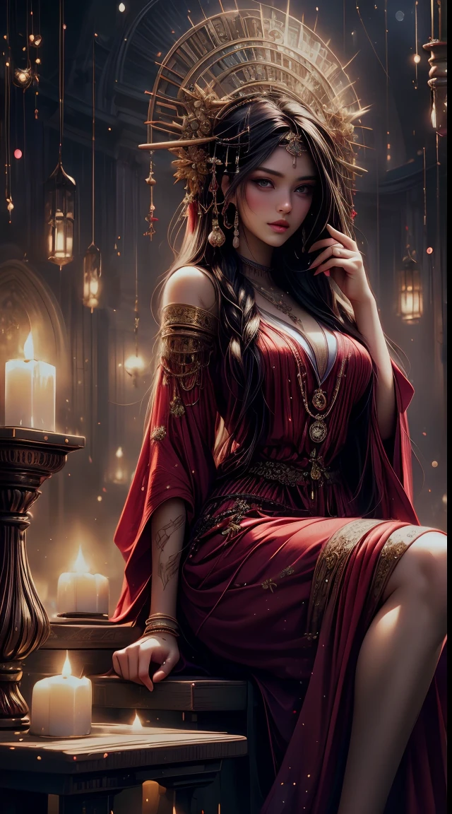 Scheherazade is a legendary character "One Thousand and One Nights", Girl of amazing beauty. She is a symbol of feminine cunning, Cunning seductress. Beautiful almond-shaped eyes, chiffon, tulle, veil, richly decorated with precious embroidery, Haute Couture bedroom, Anime-style concept art, hair ornaments, necklace, bellybutton, Dress of the Sultan's Concubine, antenna, delicate detail, Foam constructions made of chiffon and lace, Red, black, a gold, Mature woman looking at viewer, Seductive coquette, Late Evening Colors, Solar Sparks, Details in fairytale Arabian style, Aesthetically pleasing, Beautiful, Realistic, Professional photo, High Resolution, high detail, Hyper-realistic portraits, 32K UHD, Majestic figures, medieval style