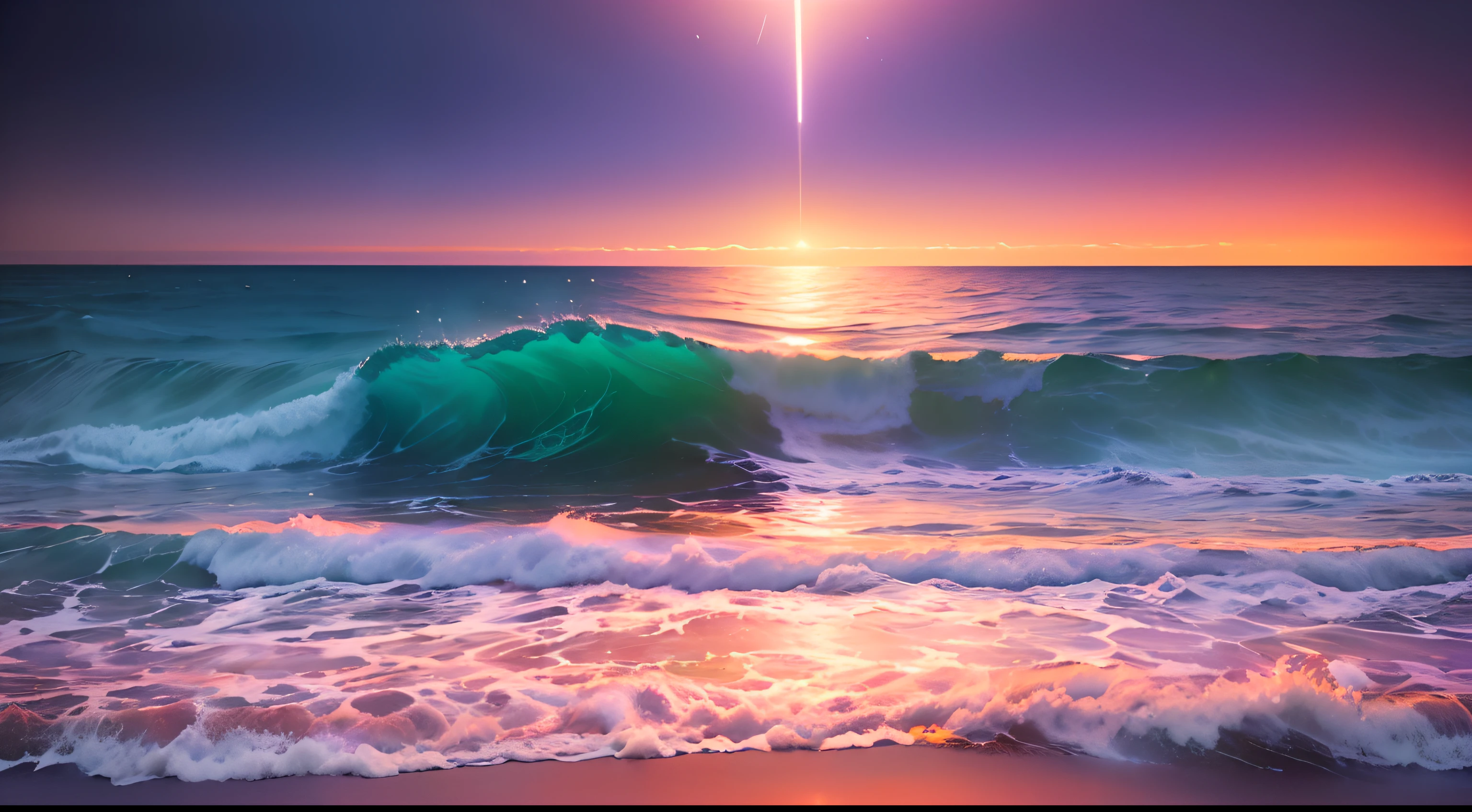 (masterpiece, best quality:1.4), cinematic light, colorful, high contrast, neon, sky, sunlight, space, beach, wave, no people, expansive landscape photography, (a view from below that shows the sky above and the sea below use a lot of purple and orange, details, warm colors and vibrant Japanese anime style