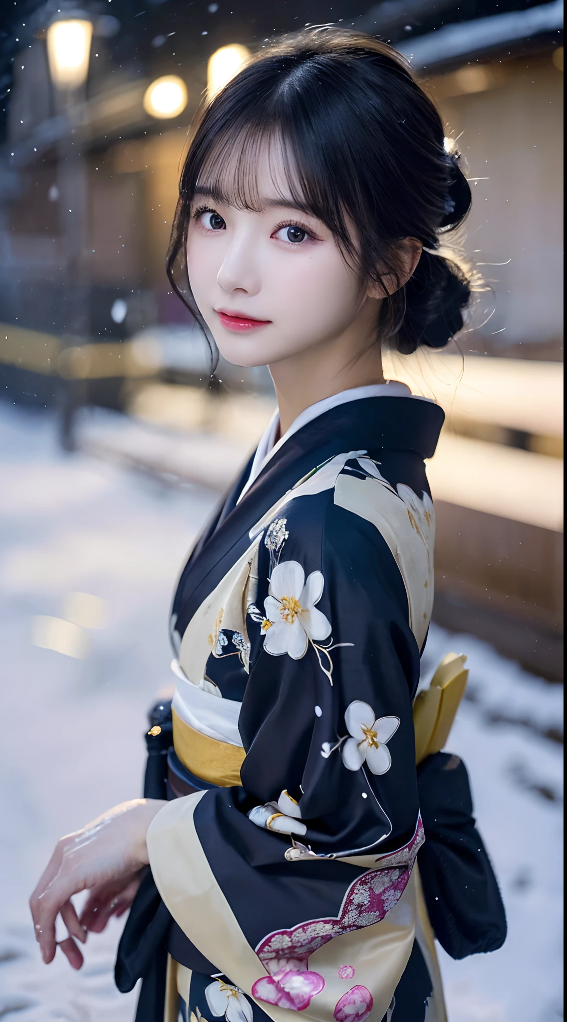 (Kimono)、、(top-quality、​masterpiece:1.3、超A high resolution)、(ultra-detailliert,Caustics)、(Photorealsitic:1.4、RAW shooting)、Ultra-realistic capture、A highly detailed、high-definition16Kfor human skin、 Skin texture is natural、、The skin looks healthy with an even tone、 Use natural light and color、One Woman、japanes、kawaii、A dark-haired、Middle hair、(depth of fields、chromatic abberation、、Wide range of lighting、Natural Shading、A detailed eye)、、(Exterior light at night:1.4)、(Falling snow:1.2)、(Hair swaying in the wind:1)、(Snow reflects light:1.3)