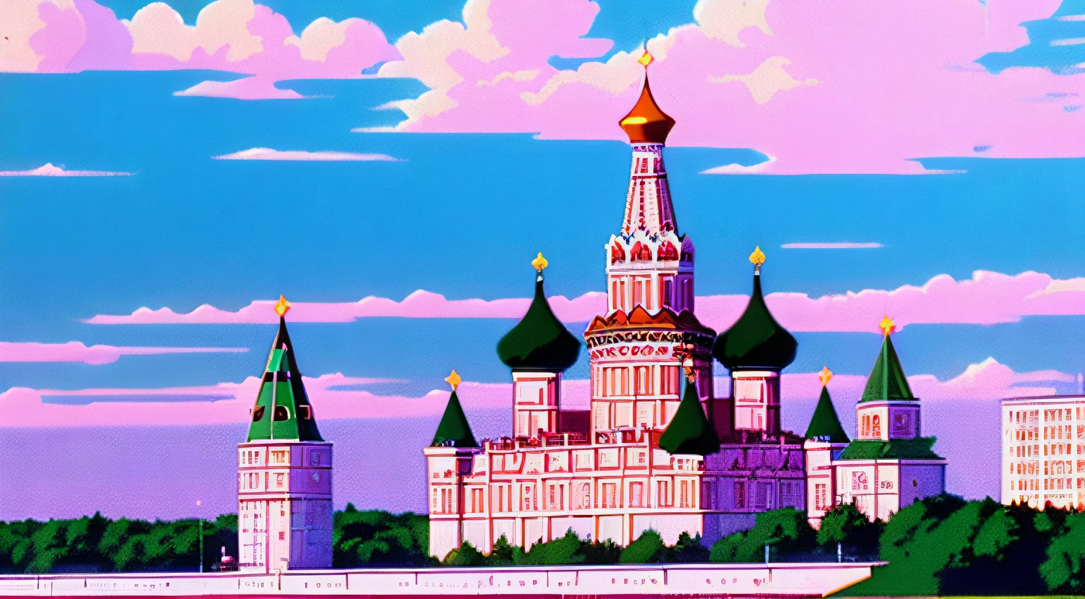 muted pastel colors, Аниме 1990-х годов, Anime from the 1980s, brush strokes, kremlin, Soviet Union
