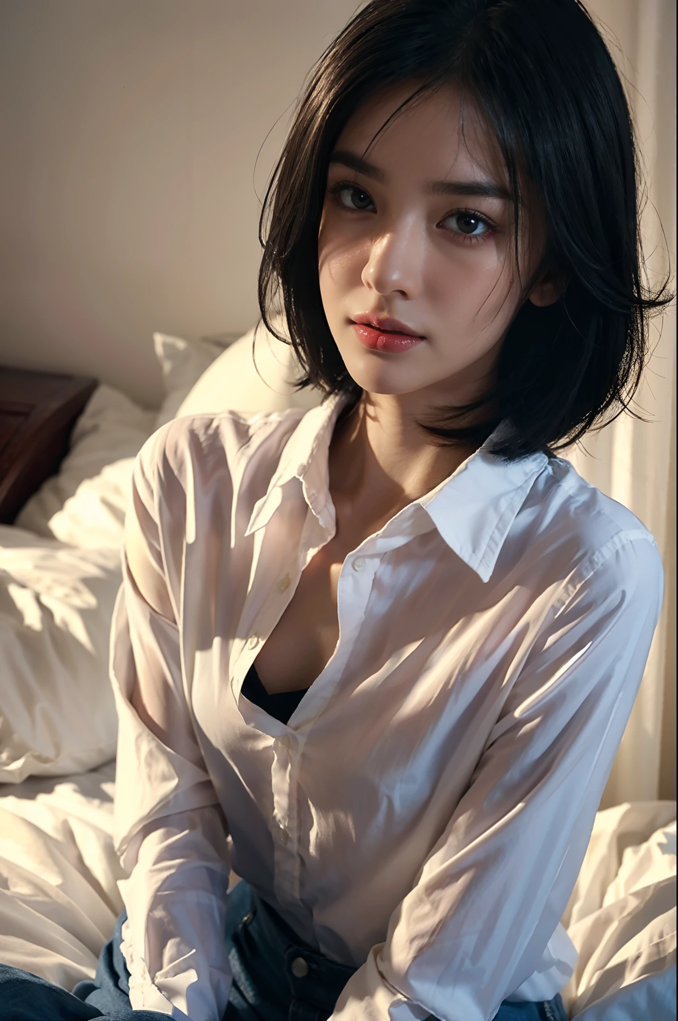 (shoulder-length straight black bob hair:1),（Extremely meticulous CG),(((8k))),wallpaper，（Extremely refined and beautiful），（Masterpiece:2.0），（best qualtiy:2.0），（Ultra High Resolution:2.0），beautiful light up，Perfect lightning,realistic shaded，[A high resolution],(Smooth and flawless fair skin:1.5),Extremely exquisite facial details,ultra - detailed,A  girl，small head,small face,Exquisite makeup,dawn,dim light,at home,in bedroom,blue wall,(sitting on bed:1.5),(laughing:1.2),happy,from front,(perfect body:1.1),small breasts,flat chest,slim,thin,(white collared shirt:1.5),(femal orgasmic:1.5),(blush:1.3),(close-up of upper body:1.3),((portrait))