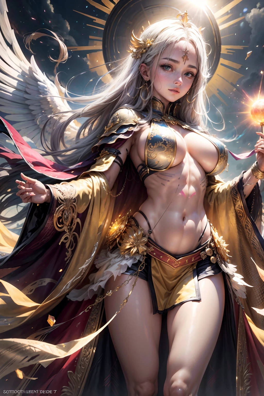 1girl, beautiful sun empress, detailed eyes, detailed face, detailed skin,mature body, tall body,seductive body,medium big breast, medium thigh, BREAK desert and pyramid backgrounds, holding only one holy sun scepter, phoenix dragon in sky, highly saturating sunbeams, holy ceremony, angelic halo, golden and orange spark dazzling around, holy magic circle, golden crown , golden majical lightning, best quality, masterpiece, trending on Art station,BREAK,Detailed,Realistic,4k highly detailed digital art,octane render, bioluminescent, BREAK 8K resolution concept art, realism,by Mappa studios,masterpiece,best quality,official art,illustration,ligne claire,(cool_color),perfect composition,absurdres, fantasy,focused,