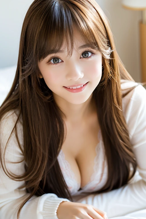 Smile((glistning skin))、女の子1人、 beautiful girl in Prague、bright expression、Evocative Pose((brown haired))(Knitted miniskirts)、((Big eyes that shine like jewels))、White open cardigan 1:2、Fluffy breasts、Beautiful cleavage 1:3、Glossy glossy skin、(Medium Hair)、(Silky Ponytail Hair)、eye liner、Beautiful bangs、Hair between the eyes、Digital SLR、Soft light、hightquality、natural soft light、((bedroom、Lying in bed))