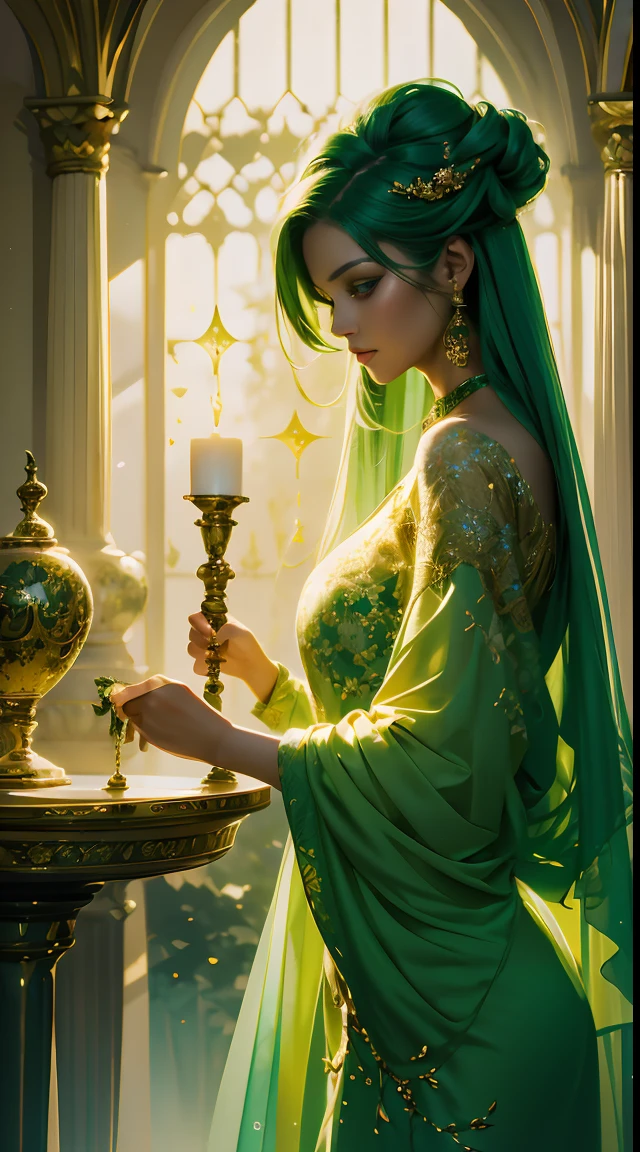 painting of a woman in a green dress lighting a candle, beautiful digital artwork, beautiful digital illustration, exquisite digital illustration, beautiful digital painting, gorgeous digital painting, painting of beautiful, beautiful digital art, beautiful gorgeous digital art, gorgeous digital art, stunning digital illustration, beautiful character painting, elegant digital painting, a beautiful artwork illustration, very extremely beautiful, with beautiful colors