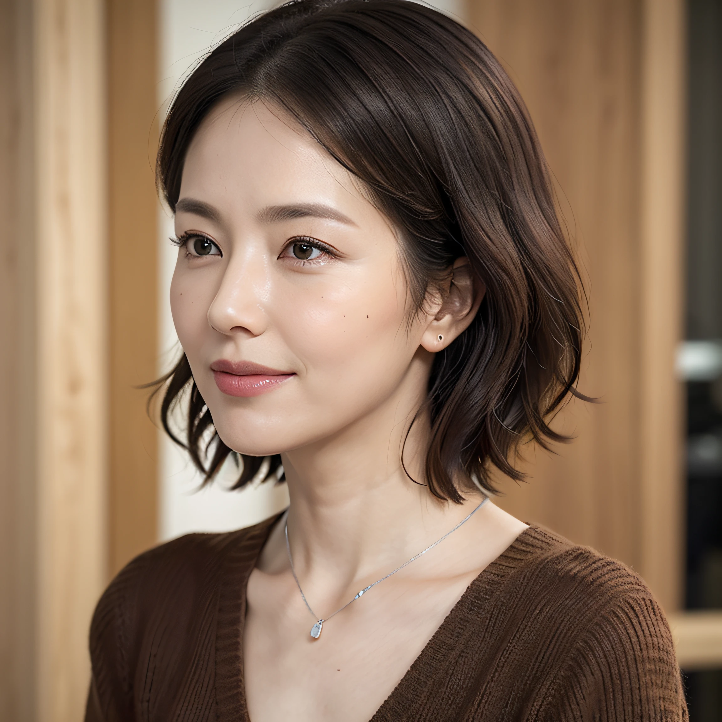 (8K, top-quality, masterpiece:1.3, 超A high resolution, A hyper-realistic), High Detail, (Face like the real thing), Photorealsitic, Raw foto, ((one beautiful women)), Detailed face, beautidful eyes, realisticeyes, Eyes in Beautiful Details, (real looking skin), Beautiful skins, enticing, depth of fields, hight resolution, High pixel count, ((Sideways face, Looking away, Don't look your audience in the eye, Don't look at the camera)), fashionable cafe, The background is also in the picture, clear details, sharp photo, Natural color reproduction, Noise Reduction, High fidelity, Small pendant in silver color, A small necklace in silver color, (Wine-colored light knit U-neck shirt, Neat and clean clothing, Clothing that makes it difficult to see the chest, Clothing that makes it difficult to see the chest, Clothes with hidden breasts), small tits, Sexy lips, Ears are visible, a smile, kindly smile, Beautiful skins, enticing, the golden ratio, (Detal Face:1.2), profetional lighting, Lighting the face, best light, japanes, A Japanese Lady, Japan Mature Woman, a matural female, Short Bob Hair, ((sixty years old, Beautiful, Wrinkles on the face, Wrinkles at the corners of the eyes, Nasolabial fold wrinkles, Small wrinkles, Beautiful, Beautiful Aunt, Moderate moles, Small mole on the face))