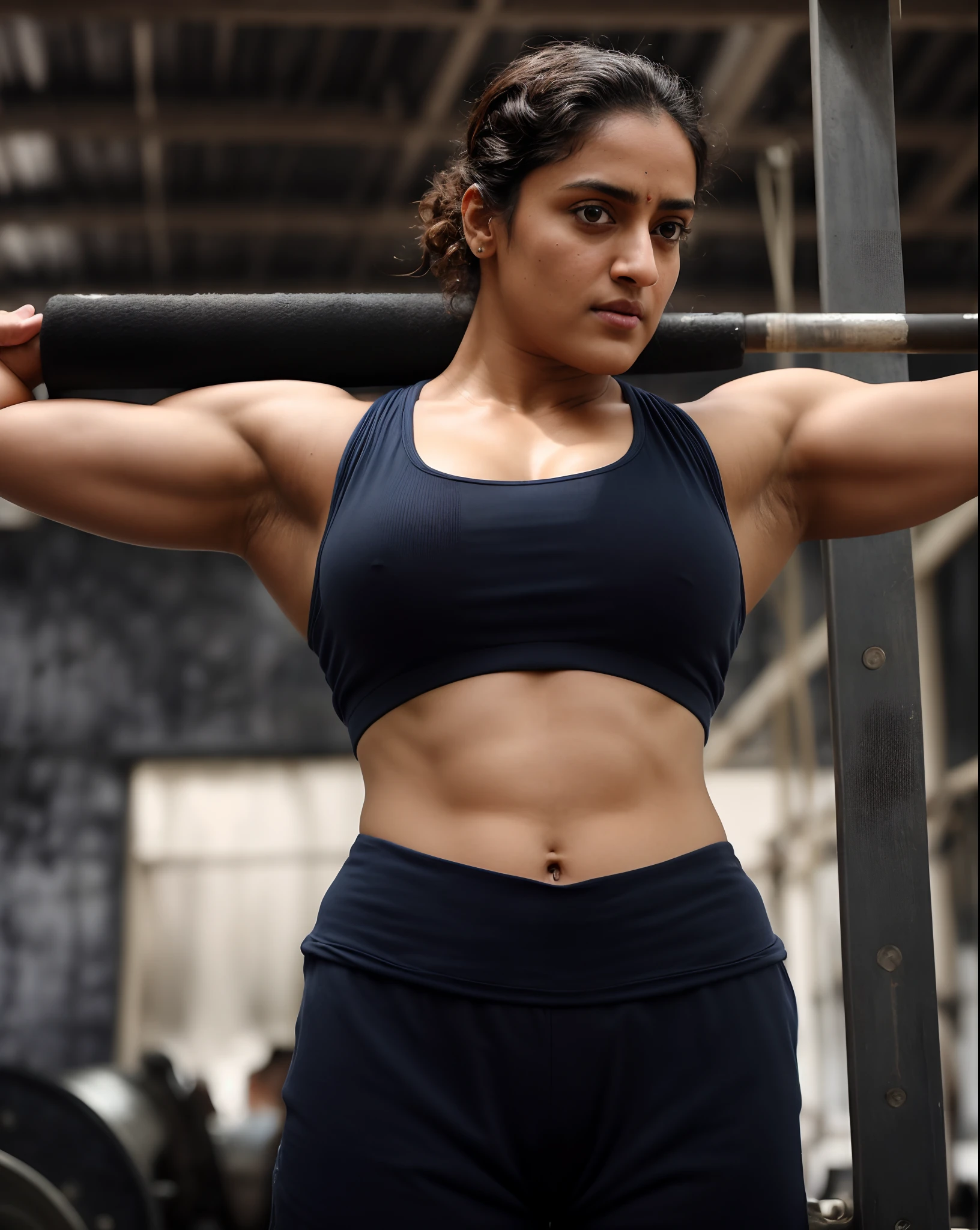 Face of PV Sindhu and Tapsee Pannu, perfect thick dusky Beauty, dynamic lighting, wearing olive green Knit Cami top, detailed hairy armpits, super hot cop, mascular Woman doing exercise, cinematic Lightning, Highest quality, (dramatic lighting:0.7), masterpiece, high angle shot, perky breast, big tight breast, RAW photo of (pale 45 year old military Special Force woman with short styled hair, mascular woman with heavy physique, looking up at the viewer), cute, Extremely sweat, (wearing sleeveless
square neck vest, thin cotton ), doing free hand excercise in a military camp in jungle, portrait, perfect face, beautiful eyes, vivid detail, (highly detailed skin), freckles, sfw, (blue tint:0.6), (dirty:0.8), (bloody:0.7), key lighting, (backlighting:0.5), medium depth of field, photographed on a Canon 5D, 50mm lens, F/4 aperture, (hyperdetailed, intricate details), sharp focus, muted colors, 8k, absurdres, 8mm film grain, war photography, perfect eyes, detailed eyes, sharp focus,