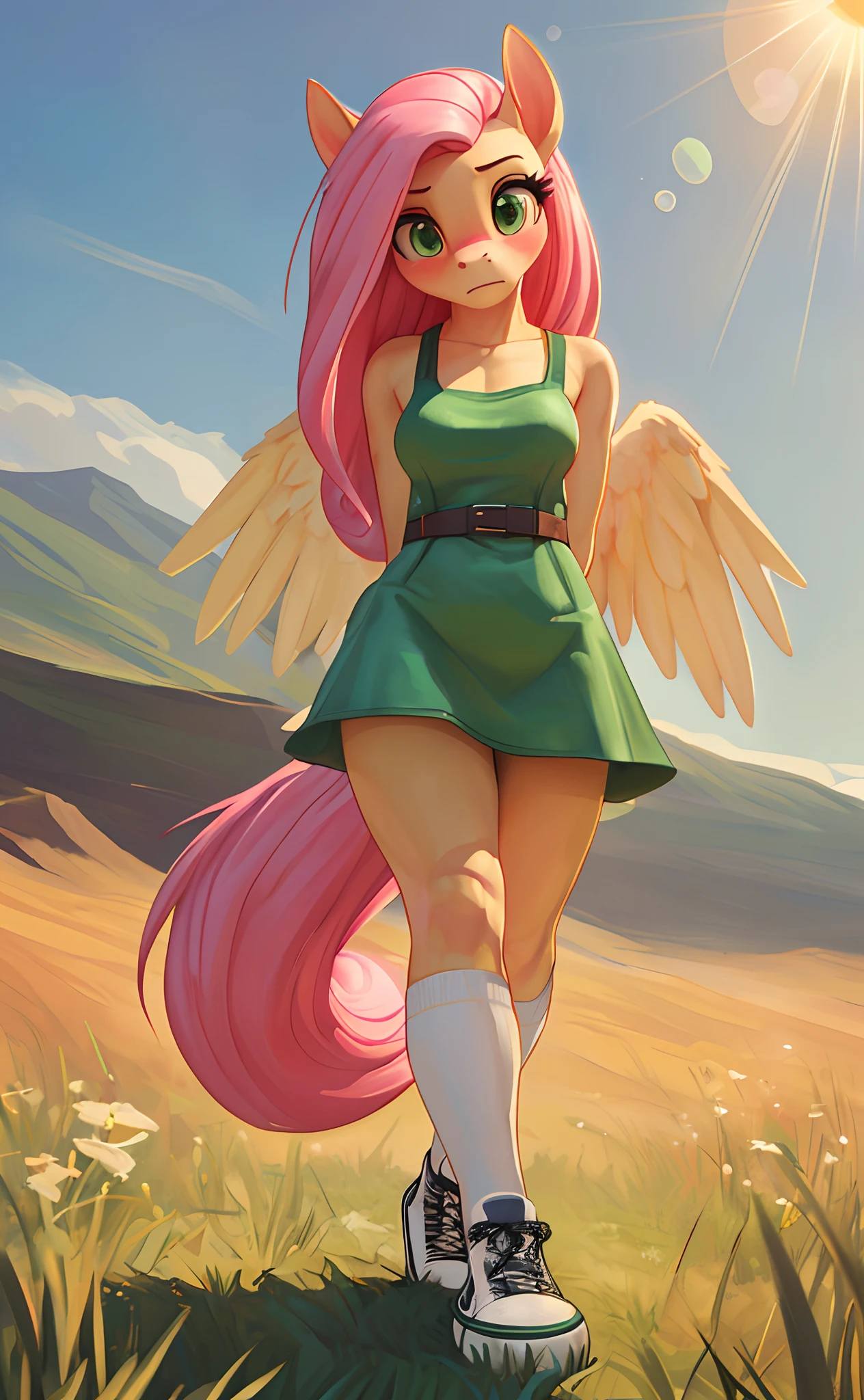 [fluttershy], [Uploaded to e621.net; (Pixelsketcher), (mayosplash), (wamudraws)], ((masterpiece)), ((HD)), ((solo portrait)), ((full body)), ((front view)), ((feet visible)), ((furry; anthro horse)), ((detailed fur)), ((detailed shading)), ((beautiful render art)), {anthro female; (slim figure), light-yellow fur, (long pink hair), (long pink tail), (light-yellow pegasus wings), (long eyelashes), (cute green eyes), (small boobs), (gorgeous hips), (beautiful legs), (blushing), (surprised), (nervous smirk)}, {(light-green dress), (green converse sneakers)}, {(walking), (arms behind back), (looking at viewer)}, [background; (grass plains), (window), (yellow sky), (sun rays)]