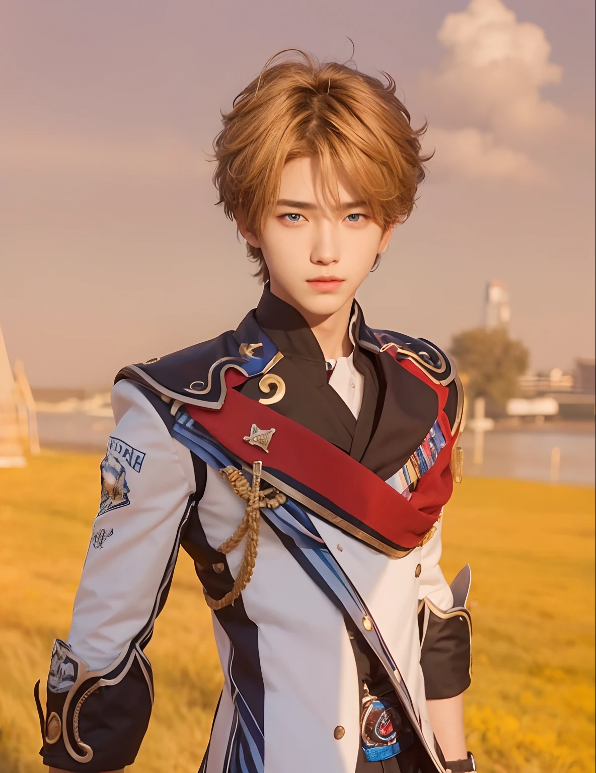 a realistic teenage boy, exact same hair style, handsome face like a realistic K-Pop idol, realistic blue eyes, realistic cool expression,Adapt exact clothing, realistic light, realistic shadows, realistic background