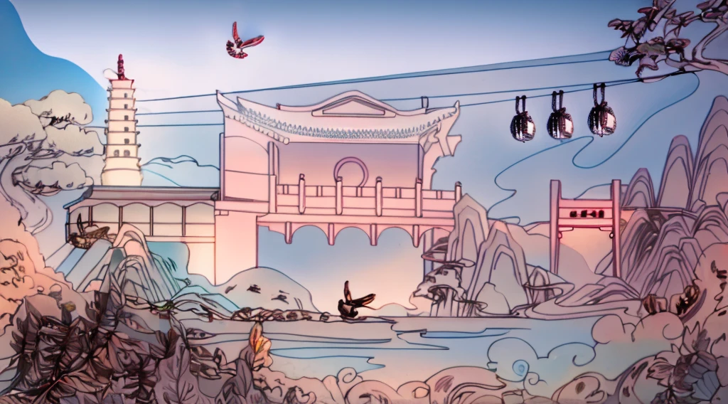 The temple is in the background，Surrounded by mountains and rivers