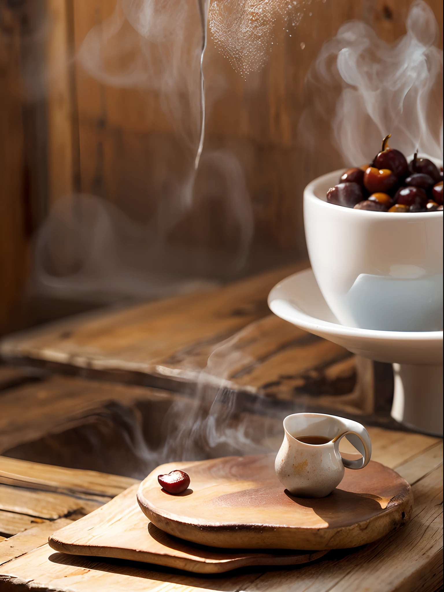 The artist's impression of a steaming cup of coffee in a rustic environment. Fresh coffee beans are spread on the wood next to them. Dew acerola cherries and apricots in the middle,Located next to the cup, Highlight colors and textures. Freshness and desire to taste.