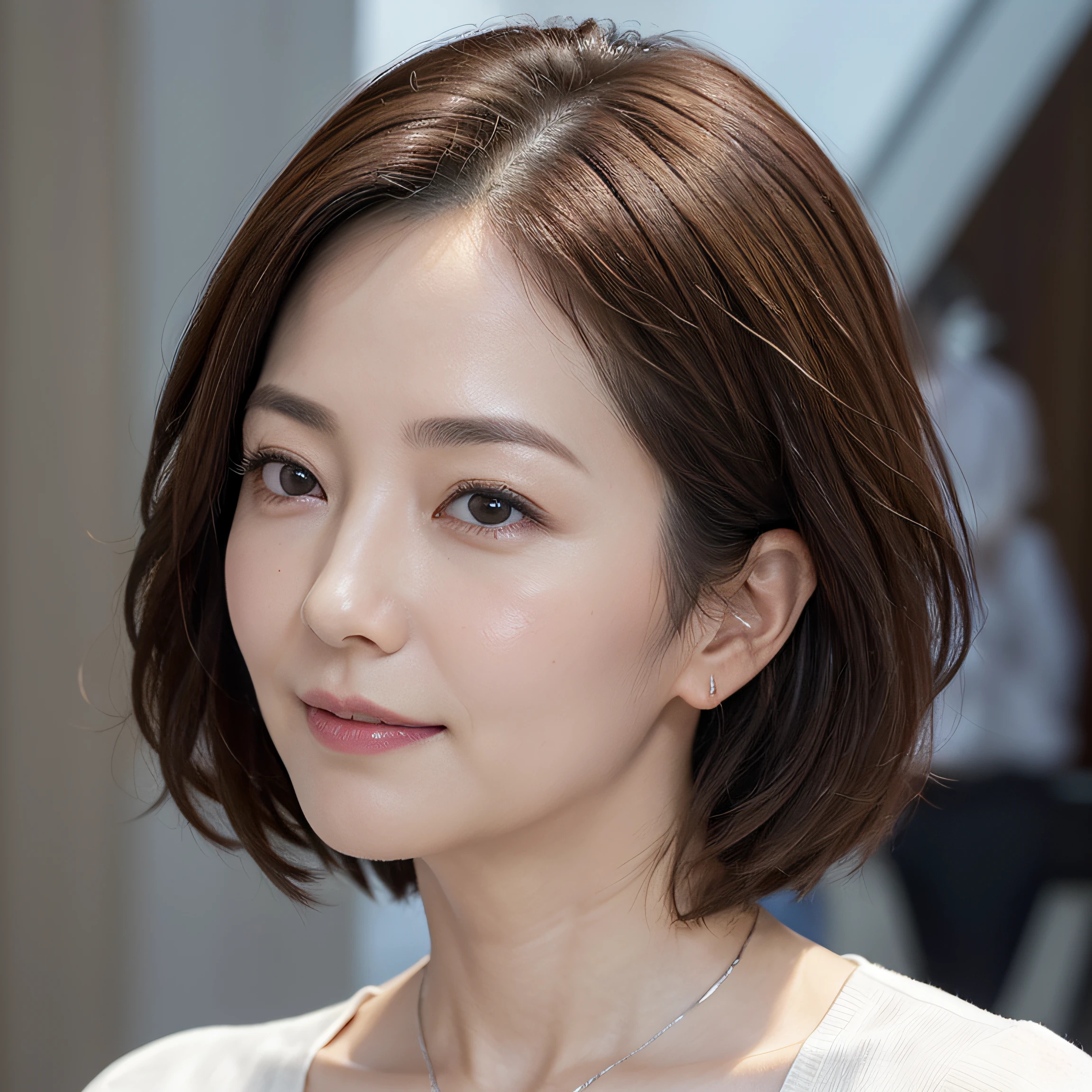 (8K, top-quality, masterpiece:1.3, 超A high resolution, A hyper-realistic), High Detail, (Face like the real thing), Photorealsitic, Raw foto, ((one beautiful women)), Detailed face, beautidful eyes, realisticeyes, Eyes in Beautiful Details, (real looking skin), Beautiful skins, enticing, depth of fields, hight resolution, High pixel count, ((Sideways face, Looking away, Don't look your audience in the eye, Don't look at the camera)), fashionable cafe, The background is also in the picture, clear details, sharp photo, Natural color reproduction, Noise Reduction, High fidelity, Small pendant in silver color, A small necklace in silver color, (Wine-colored light knit U-neck shirt, Neat and clean clothing, Clothing that makes it difficult to see the chest, Clothing that makes it difficult to see the chest, Clothes with hidden breasts), small tits, Sexy lips, Ears are visible, a smile, kindly smile, Beautiful skins, enticing, the golden ratio, (Detal Face:1.2), profetional lighting, Lighting the face, best light, japanes, A Japanese Lady, Japan Mature Woman, a matural female, Short Bob Hair, ((sixty years old, Beautiful, Wrinkles on the face, Wrinkles at the corners of the eyes, Nasolabial fold wrinkles, Small wrinkles, Beautiful, Beautiful Aunt, Moderate moles, Small mole on the face))