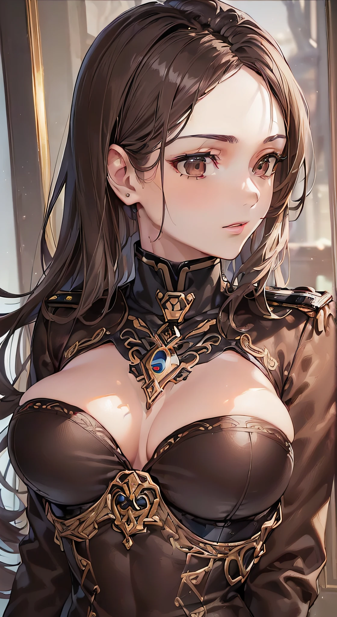 ((masuter piece:1.5)),((Finest quality)),(super precision),32k Anime,Highest level of resolution,((perfect anatomia:1.5)),(Perfect depiction, Unbroken body:1.5),sharpnes:1.3,Clair:1.1,Detailed down to the smallest detail,Phenomenal depiction,Top quality anime,((1 adult female),Colossal tits:1.9,Slim and well-proportioned body,Clean face,pretty skin,(Beautiful dark brown military uniform with detailed details:1.6),((Beautiful ornaments with intricate and detailed details)),Rooms with detailed descriptions:1.3,
