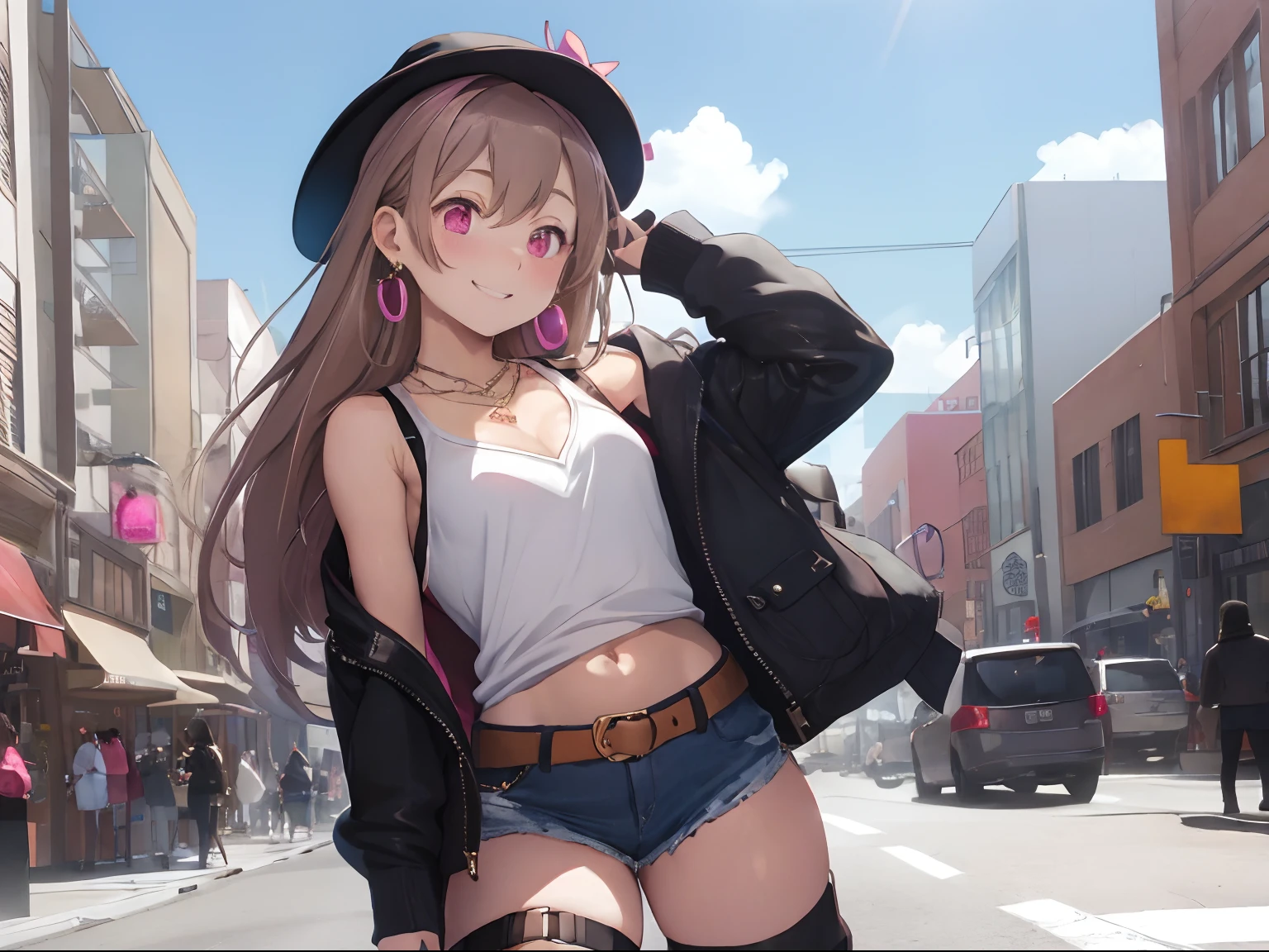 Crowded Downtown,Long-sleeved T-shirt with a revealing chest,Navel Fashion,Oversized jacket,Shorts and knee-high socks,garterbelts,long boots, Light Brown Straight Hair,Eyes are pink,Gesture to remove sunglasses,Wearing a hat with a brim,Shoulder bag,Tapioca Drink,slightly red cheeks,A smile,Smile a little depressed and embarrassed,Ring earrings,Packed with accessories such as necklaces and rings,gals