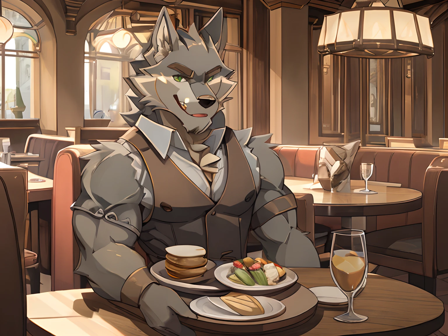 Best quality, Solo, Ranok, Furry Wolf, Gray Fur, Green eyes, Medium Muscular Body, Handsome, Good Looking, Charming, Waiter Set, Charming Pose, Fierce, Cool Pose, Joy Expression, Afternoon, Restaurant Background.
