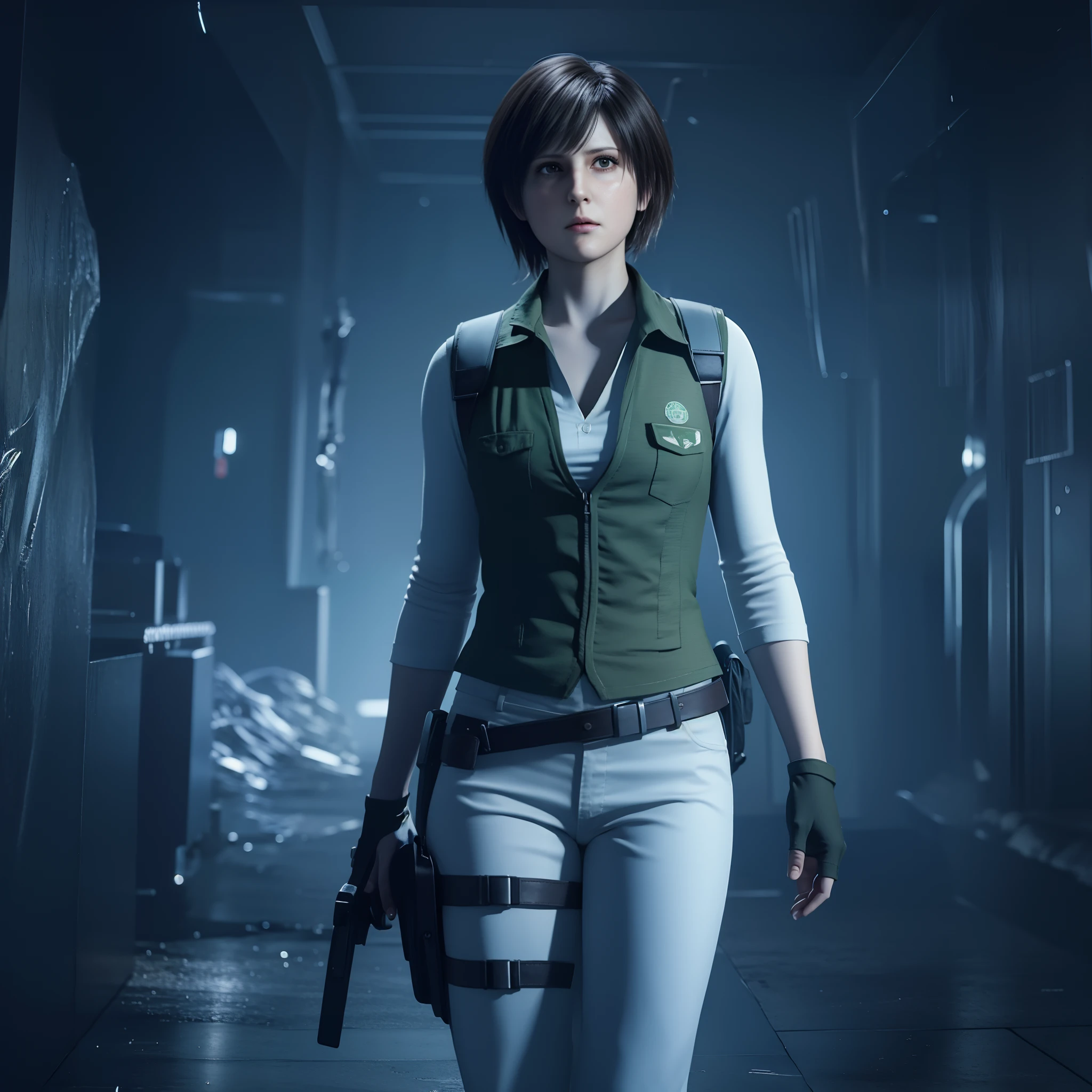 Woman, Rebecca Chambers, glares, wearing green vest, white pants