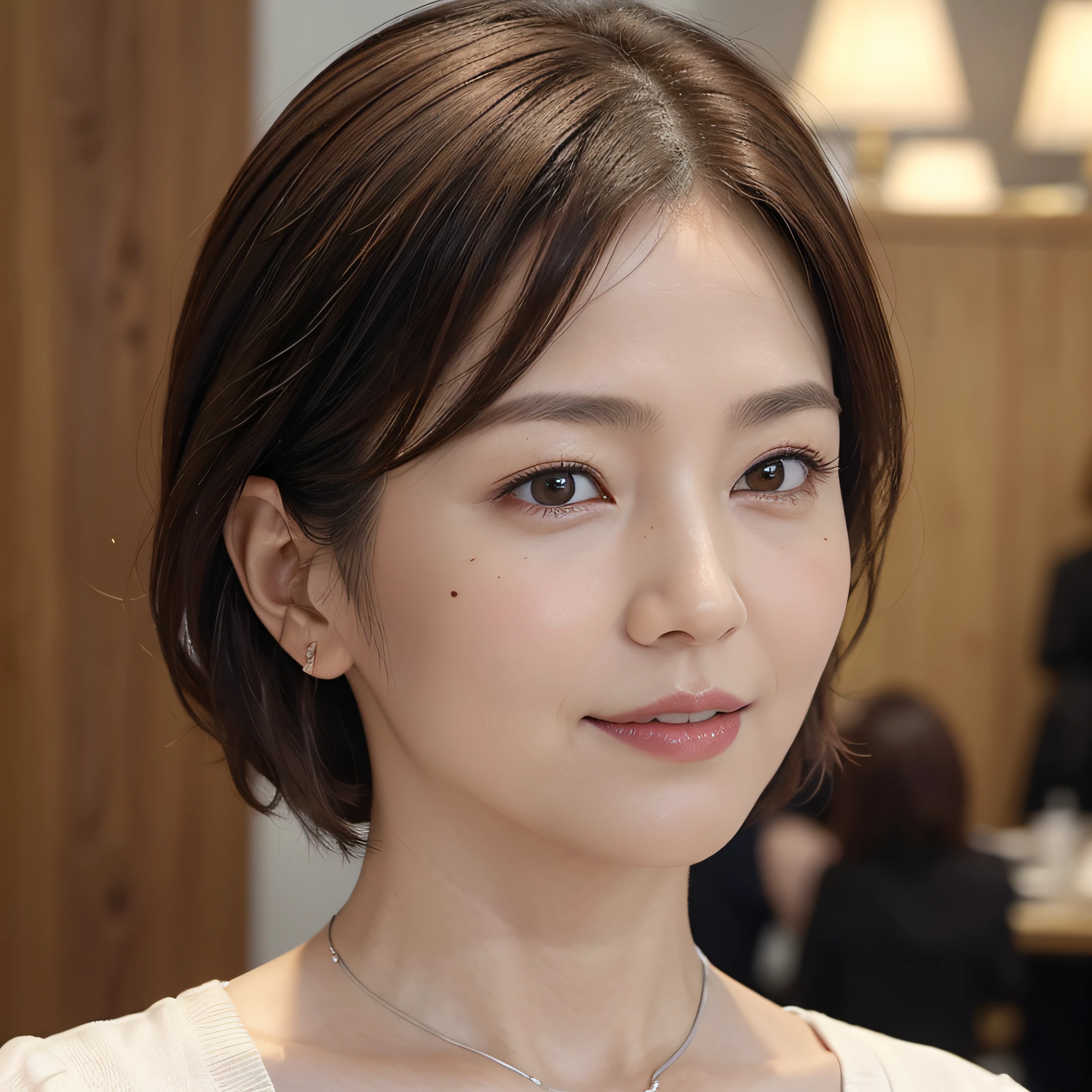 (8K, top-quality, masterpiece:1.3, 超A high resolution, A hyper-realistic), High Detail, (Face like the real thing), Photorealsitic, Raw foto, ((one beautiful women)), Detailed face, beautidful eyes, realisticeyes, Eyes in Beautiful Details, (real looking skin), Beautiful skins, enticing, depth of fields, hight resolution, High pixel count, ((Sideways face, Looking away, Don't look your audience in the eye, Don't look at the camera)), fashionable cafe, The background is also in the picture, clear details, sharp photo, Natural color reproduction, Noise Reduction, High fidelity, Small pendant in silver color, A small necklace in silver color, (Wine-colored light knit U-neck shirt, Neat and clean clothing, Clothing that makes it difficult to see the chest, Clothing that makes it difficult to see the chest, Clothes with hidden breasts), small tits, Sexy lips, Ears are visible, a smile, kindly smile, Beautiful skins, enticing, the golden ratio, (Detal Face:1.2), profetional lighting, Lighting the face, best light, japanes, A Japanese Lady, Japan Mature Woman, a matural female, Short Bob Hair, ((sixty years old, Beautiful, Wrinkles on the face, Wrinkles at the corners of the eyes, Nasolabial fold wrinkles, Small wrinkles, Beautiful, Beautiful Aunt, Moderate moles, Small mole on the face))