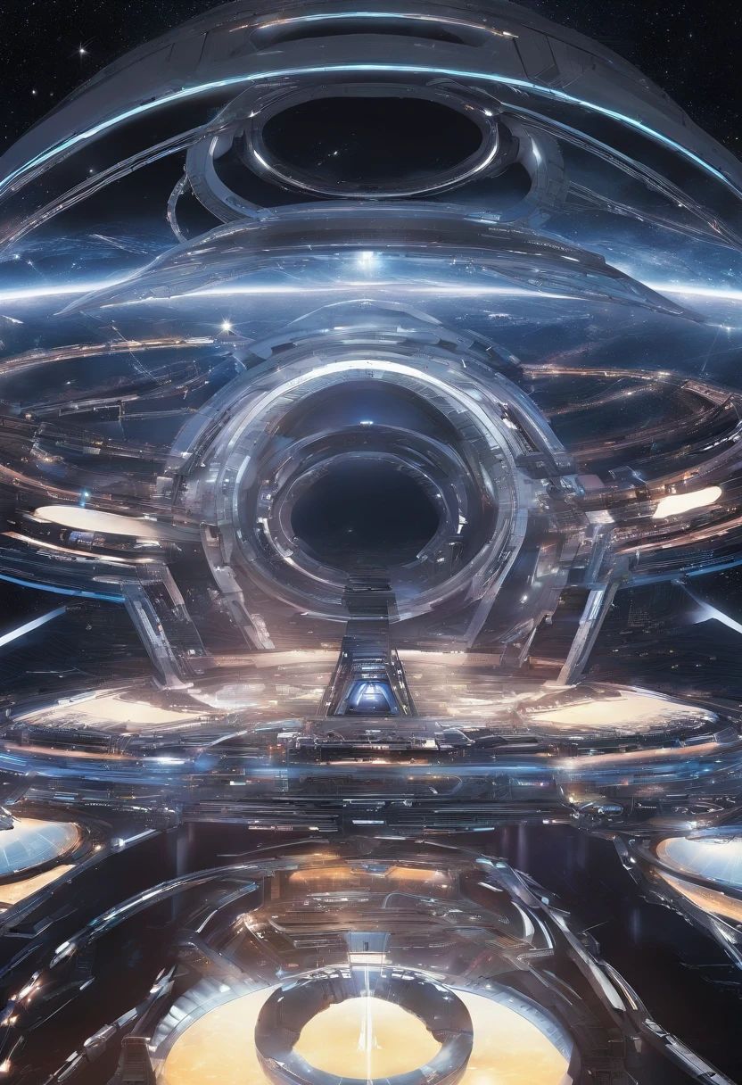 Intergalactic base, in the orbit of a supermassive black hole with a beautiful accreting disk, uma base similar a uma esfera de dyson, futuristic and all-metal base, in the vacuum of space.