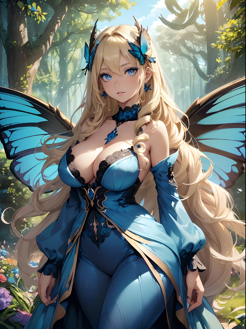 hiquality, hight resolution, ultra-detailliert, high-level image quality, hightquality, anime illustrated, (finely detailed beautiful eye: 1.2), Detailed eye depiction, (finely detailed  eyes and detailed face:1.3), (extremely details CG, Best Shadow:1.1), Beautiful girl with butterfly wings:1.5, (blue and black wings with eyespots:1.4), (large and curved wings that cover the body:1.3), (silver necklace and earrings:1.2), (long blonde hair with curls:1.3), (blue makeup:1.2), (standing and looking at the sky:1.4), (forest with flowers and sunlight:1.3)