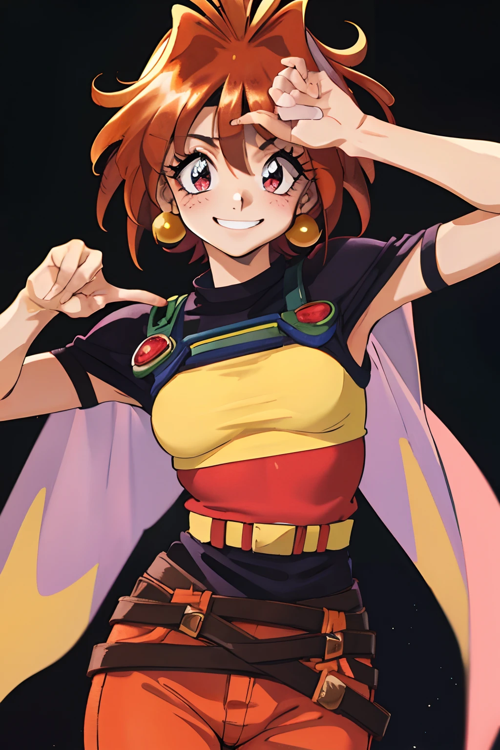 Slayers,LINA INVERSE,
(Best Quality, masutepiece, Raw photo,Ultra-detailed:1.2), 1girl in,Solo,Looking at Viewer、Raise your arms wide、A charming smile、winc