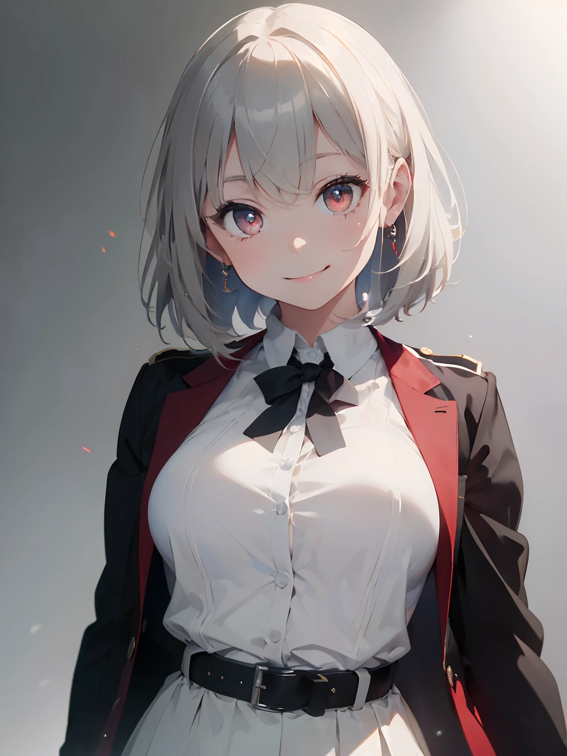 (masterpiece:2.0), (top-quality:2.0), (White One Piece Military Uniform 1.5),, (Smile Face:1.5), (Medium Hair:1.5), (ciber:1.5), (Realistic:1.5), (Gray white background:1.7), Belt under boobs,1人の女性, accurate hands,lightsmile, Look at me and smile, a very pretty girl, Clear eyes, Shining eyes, large full breasts, Dynamic Posing, Beautiful skins, ultra-definition, Top resolution, Pale white head of hair, red eyes, Full body、White one-piece military uniform、 Pale white head of hair,(masutepiece:1.2, Best Quality), (finely detailed beautiful eye: 1.2), (Detailed background,Dark Fantasy), (beautifull detailed face), High contrast, (Best Illumination, extremely delicate and beautiful), ((Cinematic Light)), Colorful, Hyper Detail, Dramatic light, Intricate details,Very red eyes, Shining eyes, large full breasts、Belt under the chest、White military uniform, White skirt, large full breasts, pale white hair, Her eyes are bright red, Black tie, Belt under the chest, gotik、