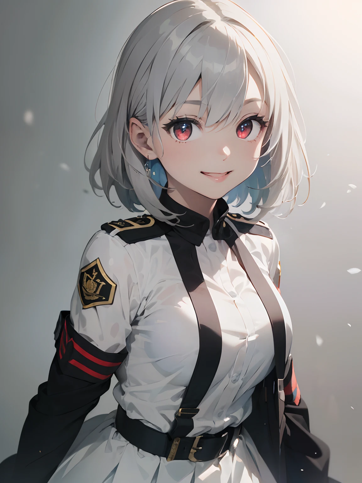 (masterpiece:2.0), (top-quality:2.0), (White One Piece Military Uniform 1.5),, (Smile Face:1.5), (Medium Hair:1.5), (ciber:1.5), (Realistic:1.5), (Gray white background:1.7), Belt under boobs,1人の女性, accurate hands,lightsmile, Look at me and smile, a very pretty girl, Clear eyes, Shining eyes, large full breasts, Dynamic Posing, Beautiful skins, ultra-definition, Top resolution, Pale white head of hair, red eyes, Full body、White one-piece military uniform、 Pale white head of hair,(masutepiece:1.2, Best Quality), (finely detailed beautiful eye: 1.2), (Detailed background,Dark Fantasy), (beautifull detailed face), High contrast, (Best Illumination, extremely delicate and beautiful), ((Cinematic Light)), Colorful, Hyper Detail, Dramatic light, Intricate details,Very red eyes, Shining eyes, large full breasts、Belt under the chest、White military uniform, White skirt, large full breasts, pale white hair, Her eyes are bright red, Black tie, Belt under the chest, gotik、