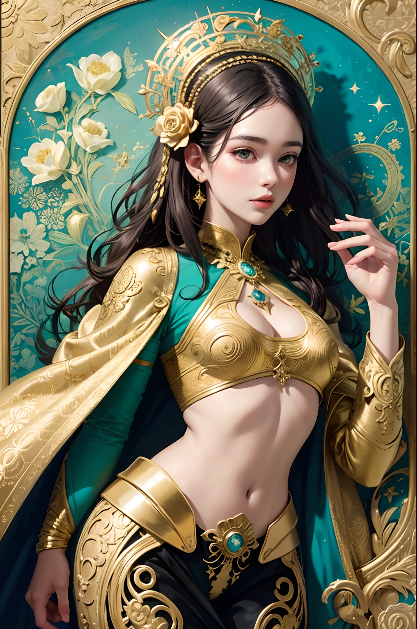 (​master piece, top-quality, top-quality, Official art, Beautiful and aesthetic: 1.2), (1girl in),  huge-breasted, Very large size, ighly detailed, colourfull, Maximum Detail, Official art, Unity 8k壁纸, ultra-detailliert, Beautiful and beautiful, ​master piece, top-quality, (Zentangle, mandalas, Tangle, Entangle), Holy Light, gold foil, Gold leaf art, glitter drawing, PerfectNwsjMajic