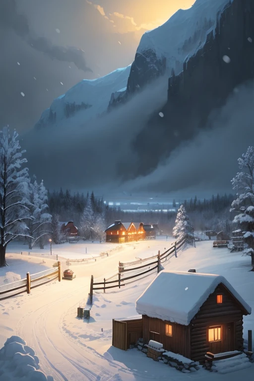 snowy night scene with a cabin and a fence in the foreground, Arte conceitual de inverno, background artwork, Anime background art, beautiful anime scenes, Anime landscape concept art, arte de fundo, heavy winter aesthetics, Snowy environment, anime backgrounds, animation illustrative style, Stylized digital illustration, beautiful detailed scene, landscape artwork, 2d game environment design,（There was light snow in the sky）