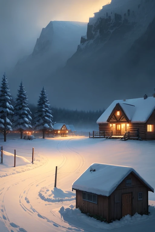 snowy night scene with a cabin and a fence in the foreground, Arte conceitual de inverno, background artwork, Anime background art, beautiful anime scenes, Anime landscape concept art, arte de fundo, heavy winter aesthetics, Snowy environment, anime backgrounds, animation illustrative style, Stylized digital illustration, beautiful detailed scene, landscape artwork, 2d game environment design,（There was light snow in the sky）