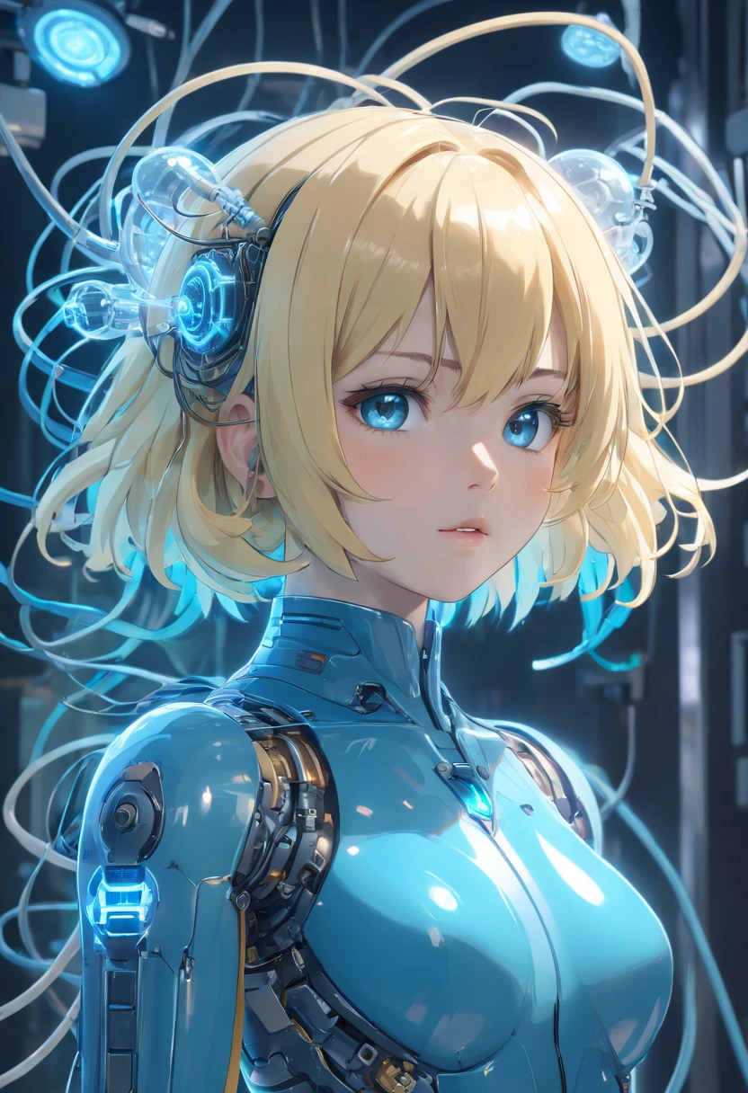 schoolgirls,(Blue wavy hair ends),Jellyfish hairstyle、android face ,complex 3d render ultra detailed, cyborgs, roboticparts, 150mm, beautiful studio soft light, Rim Light, vibrant detail, luxuriouscyberpunk, Lace, hyper realisitic, Anatomical, electric wires, microchips, Elegant, Background Lab, Octane Render, h.R Giger Style, 8K,a blond,Inverted bob hairstyle,Translucent plastic body,Gently glowing eyes, blue eyess, Miki Asai Macro photography, Full body, Hyper Detailed, Trending on ArtStation, Sharp Focus, Cyber Cat Wind, studio photo, Intricate details, Highly detailed, By Greg Rutkowski