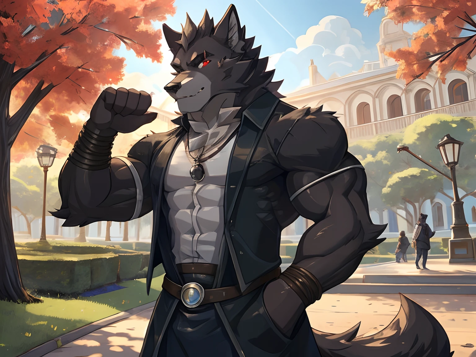 Best quality, Solo, Vulgor, Furry Wolf, Black Fur, Red Eyes, Medium Muscular Body, Handsome, Good Looking, Charming, Casual Shirt, Charming Pose, Fierce, Cool Pose, Joy Expression, Afternoon, Park Background.