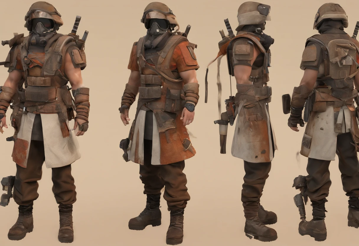 Post-apocalyptic wars, Shades of white, Nero, A desert , shadowing, Gloomy atmosphere, darkly, ((natta)), The breadth of the landscape, book cover，Wasteland，Wasteland costumes，Shabby clothing，patches，Rusty samurai armor，samurais，Gas masks。cloud storm