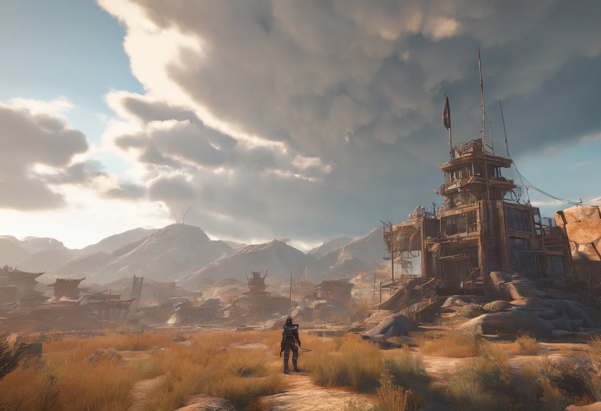 Post-apocalyptic wars, Shades of white, Nero, A desert , shadowing, Gloomy atmosphere, darkly, ((natta)), The breadth of the landscape, book cover,Wasteland,Wasteland costumes,Shabby clothing,patches,Rusty samurai armor,samurais,Gas masks。cloud storm