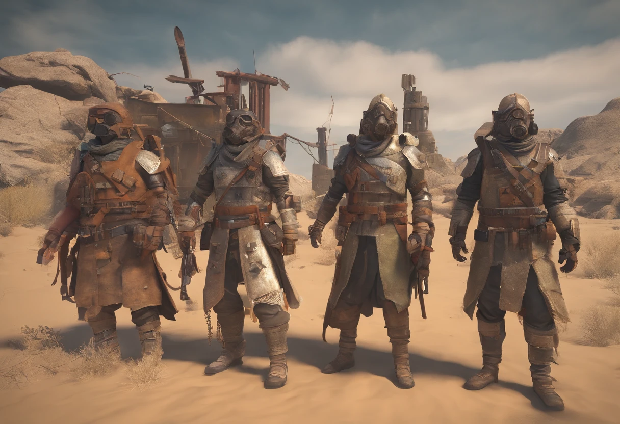 Post-apocalyptic wars, Shades of white, Nero, A desert , shadowing, Gloomy atmosphere, darkly, ((natta)), The breadth of the landscape, book cover，Wasteland，Wasteland costumes，Shabby clothing，patches，Rusty samurai armor，samurais，Gas masks。cloud storm